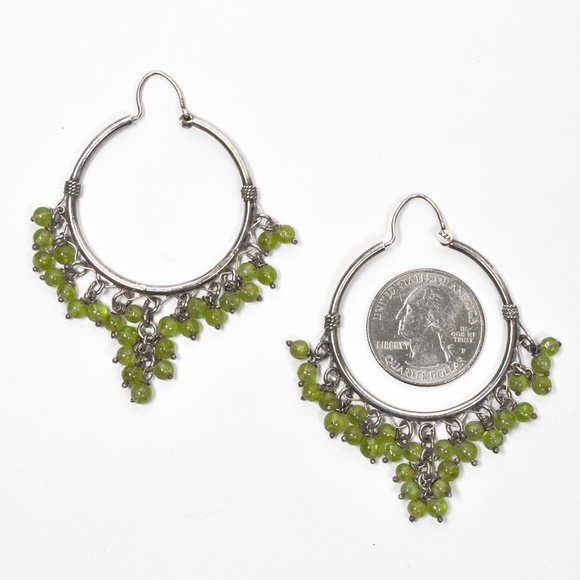 Balinese Natural Peridot Bead Silver Hoop Earrings - Picture 3 of 5